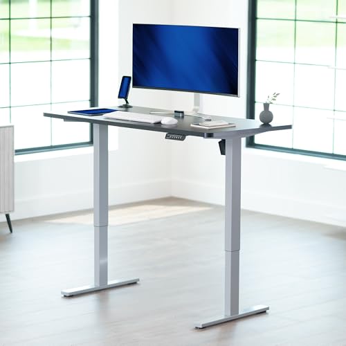 Image of VIVO Black 55 x 28 in Standing Desk, DESK-KIT-1G55B | Electric, Holds 220 lbs, Sit Stand, Height Adjustable, Solid One-Piece Table Top, Memory Presets, 1B Series, Gray Frame
