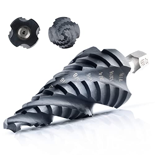 Amoolo M35 Step Drill Bit, 3/16" - 7/8"(12 Step Size) Impact Ready Four-Flute Step bit, 1/4" Hex Shank Unibit for Metal, Wood, Plastic, Multiple Hole Drilling Cone Drill Bit