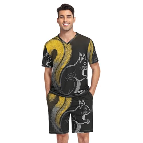 Nexawaveo Conjunto de pijama de manga corta para hombre, pantalones de dormir con bolsillo, tallas S-2XL, Ardilla cola dorada, XX-Large