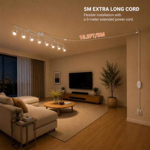 Image of Dimmable Plug in Track Lighting,Plug in Ceiling Light Fixture,White 8 Light Track Light with 16.4' Long Cord,Dimming Switch,8 Way Ceiling Spotlight,Rotatable,LED Bulbs Included