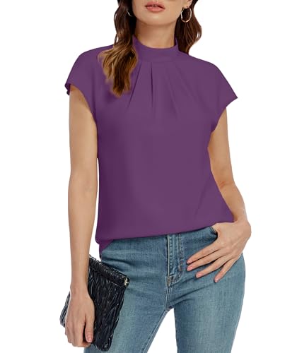 Image of Funlingo Womens Summer Tops Mock Neck Short Cap Sleeve Blouses Business Casual Work Chiffon Shirts Front Pleated Tunic Top