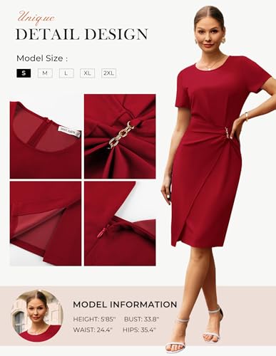 GRACE KARIN Work Dresses for Women 2026 Short Sleeve Sheath Business Dress Ruched Bodycon Office Cocktail Dress Red L — view 5