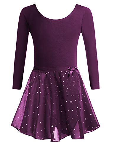 Arshiner Ballettkleidung Mädchen Tanzkleid Kinder Baumwolle Langarm Balletttrikot Ballettkleid Ballettanzug Tanzbody mit Rock Tütü Violett 140