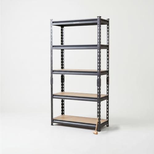 Image of Amazon Basics 5-Tier Storage Rack | Bolt-Free Assembly | Metal Stand & Thick MDF Board | 175kg Capacity Per Shelf | 63H x 24W x 12D inch Adjustable Shelf Rack for Home, Garage & Shop| Black