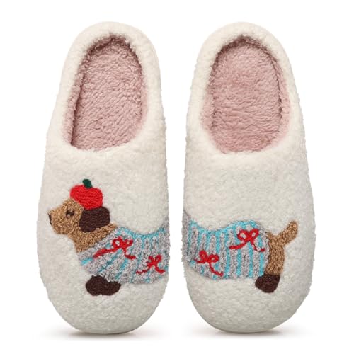 BEIUEN Warm Hausschuhe Damen,Winter Plüsch Pantoffeln,Weiche flache Hausschuhe Rutschfest für drinnen und draußen,Geschenk für Damen,Geschenk für Weihnachten & Halloween（Dackel,EU39-40