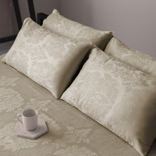 Image of Blue Dahlia 100% Cotton, King Size /Double, Elastic Fitted Bedsheet (72 inchx78 inch) + 2 Pillow Covers, Fits Upto 10 inch Mattress, 300TC Premium Bedsheet, Symmetrical Jacquard Pattern - Beige