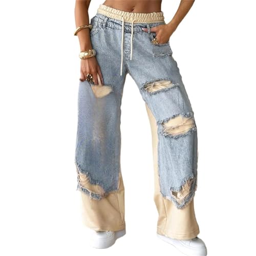 Women's Denim Trousers with Stitching and Ripped Design Casual Vintage Baggy Elastic Waist Wide Leg Jeans