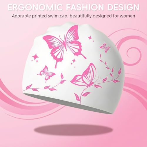 Image of Proberos Swimming Cap for Women & Girls, Waterproof Silicone, Pressure-Free Fit Swim Cap, Long Hair Swimming Head Cap, Wrinkle-Free Women Swim Pool Cap for Long Hair, Butterfly Prints