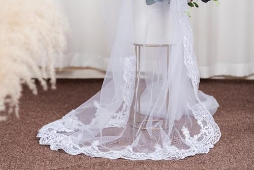 Babyonlinedress Wedding Bridal Veils Long Veil with Lace Edge and Metal Comb for Women and Brides 1 Tire Lace Bride Veils Cathedral Length Wedding Veil 118" Bridal Accessories,White - Thumbnail 4