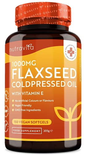 Vegan High Strength Flaxseed Oil - Enriched with Vitamin E - 1000mg per Vegan Softgel - Flax Seed Cold Pressed Oil Providing Omega 3 6 9 (ALA & Linoleic Acid) - 5 Month Supply - Made by Nutravita