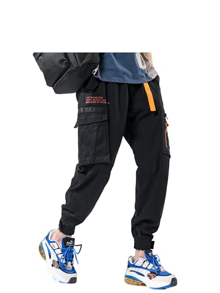 ABCUSTOMSSassy Men Flap Black Pocket Zip Detail Drawstring Waist Cargo Pants