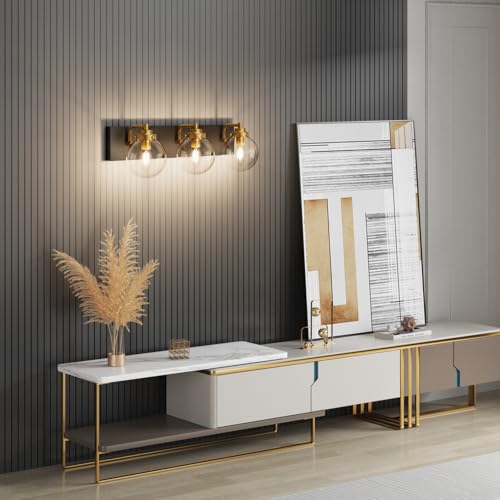 Image of Tipace Black and Gold Bathroom Vanity Light 3-Light Bathroom Light Fixtures Vintage Vanity Lighting Over Mirror with Clear Globe Glass Shade Bathroom Wall Sconce Lighting (Exclude E26 Bulb)