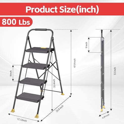 Foldable Step Ladder Stool for Home Adults, 4 Step Tall Extension with Handrails, Heavy Duty 800Lbs Ladder for Indoor Kitchen Closet Stair Use by DIAMONDFORGE - Used condition - Image 4