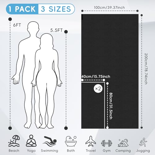 HOMIKLSA Mikrofaser Handtuch 3 Set - Groß 200×100cm & 2 Klein 80×40cm, Schnelltrocknend Microfaser Sporthandtuch, für Reisehandtuch, Badetuch, Fitness & Sport Handtücher und Strandtuch (Schwarz)