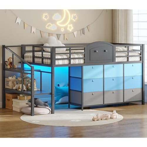 VIAGDO Low Loft Bed Twin Size with 9 Storage Drawers and LED Lights, Metal Twin Loft Bed with Stairway Shelf Storage, Low Loft Bed with Safety Guardrail and Under-Bed Hideaway for Kids, Grey
