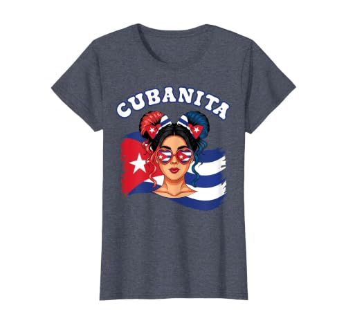 Cubanita Hispanic Heritage Messy Bun Cuban Cuba Flag Girls T-Shirt, Women, Heather Blue, X-Large