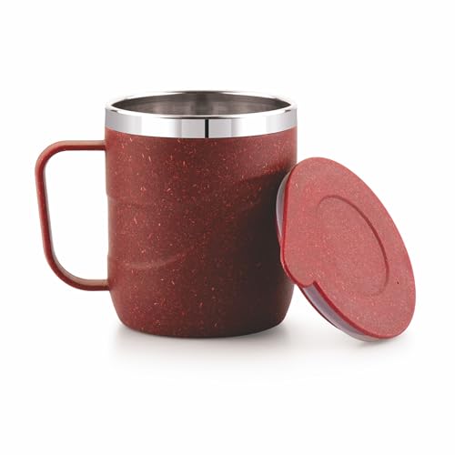 Image of ATTRO Brew Mug - Stainless Steel Inner with eco Friendly Outer Body,Durable & Stylish, Microwave Safe Coffee /Tea Mug with Handle & Lid, Ideal for Home, Office, Travel & Gifting - 300ml - Crimson Red