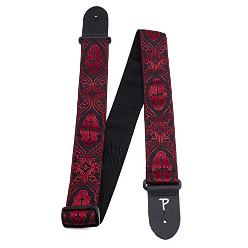 Perri’s Leathers Adjustable Guitar Straps For Kids, Men & Women - Jacquard Guitar Strap For Acoustic, Bass And Electric Guitars - Guitar Strap For Halloween - Adjustable Size - Red/Black Cross #TOP5