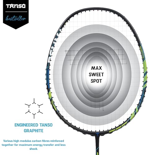Image of TANSO Arashi 2.0 Full Graphite Ultra Light Weight Carbon Fibre Strung Badminton Racket with Free Full Racquet Cover (77 Grams, 32 Lbs Tension, Strung with Premium Strings) (Green)