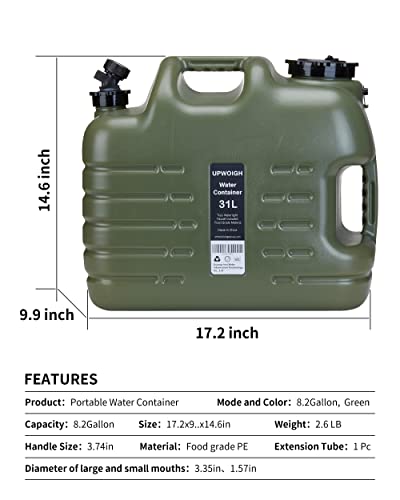 UPWOIGH Camping Water Container, 8.2 Gallon Water Containers Jug, Truly No Leakage Water Storage, Big Military Green Water Tank,BPA Free Portable Emergency Water Storage for Camping, Hiking