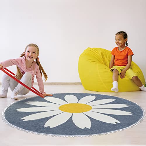 Nechegi 4 Ft Round Area Rug Soft Circle Mat Washable Non Slip Mat With Pom Pom Fringe For Bathroom Indoor Sofa Kid's Living Room Bedroom Nursery Decor(Daisy) #TOP6