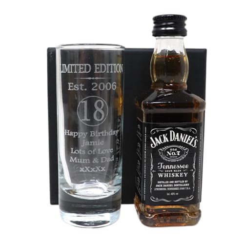Regalo Personalised Laser Engraved Est 2006 18th Birthday Shot Glass Set with Miniature Alcohol Bottle Gift for Son or Daughter | Girls & Boys (Tennessee Whiskey/No Gift Box)