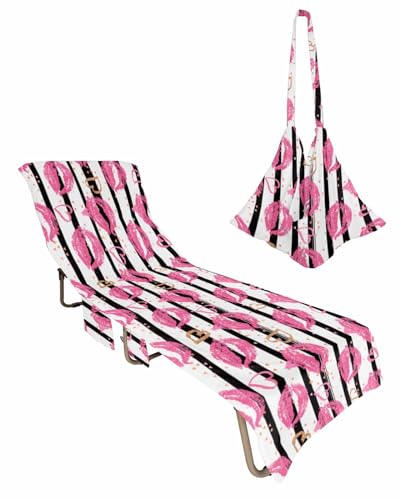 Pink Valentines Beach Lounge Chair Towel Cover, Soft Chaise Lounge Towel with Side Pockets Patio Pool Chairs Cover for Beach/Pool Sunbathing 29x85 Pink Lip Prints Love Heart Black Striped