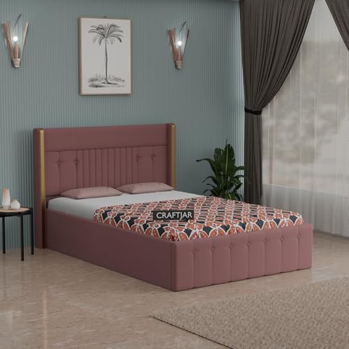 Image of Solid Wood Upholstered Single Bed for Bedroom with Storage | Premium Fabric with Button Tufted Headboard | Wooden Single Cot /Palang for Home | Modern Single Bed | Pink