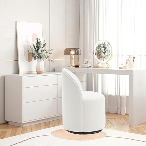 Image of HNY Upholstered Kitchen & Dining Room Barrel Chair, Mid Century Modern Round Velvet Dining Chair, 360 Degree Swivel Comfy Armless Accent Makeup Vanity Side Chair for Bedroom Living Room, White