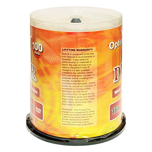Optimum DVD-R 16x 4.7GB / 120min White Inkjet Printable 100pk with Spindle Cake Box