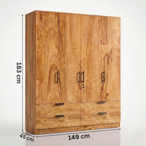 Image of FFO Kaveris 4 Door Wooden Wardrobe for Bedroom, Large Clothes Storage Cabinet with Hanging Space, Shelves, Drawer & Lock, Modern Wood Finish Almirah for Home, Bedroom & Living Room DIY.