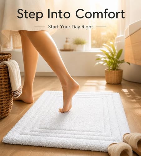 Image of Soft Cotton Linea Design Bath Mat Anti Slip Anti Skid Backing Absorbent Soft Tufted Floor Rug for Bathroom Kitchen Bedroom Pooja Room Home Decor (50X80 CM, White)