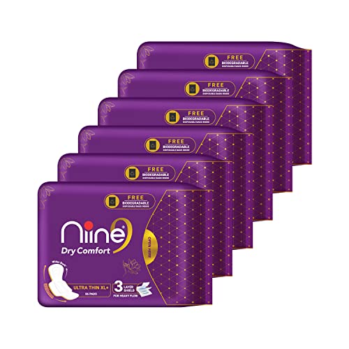 Image of NIINE Dry Comfort Ultra Thin XL+ Sanitary Napkins for Heavy Flow (Pack of 6) 36 Pads with Free Biodegradable disposable bags