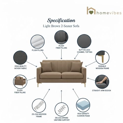 Image of 2 Seater Velum Fabric Sofa Set for Living Room, Modern Design with High Density Foam, Solid Wood Frame, Ergonomic Comfortable Seating for Home & Office (Light Brown, 2 Seater | Soft foam comfort, Strong wood frame