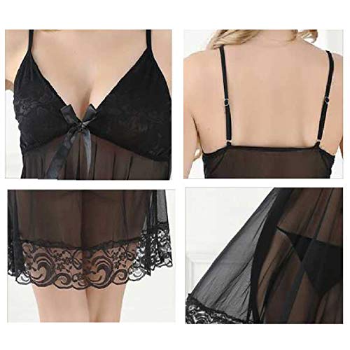 [Synlala] セクシーベビードール ランジェリー シースルー バスト部はレースと生地の2重仕様 可愛い胸元リボン たっぷり生地で広がるレースの裾 - 画像4