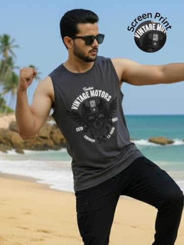 Image of Rigo Stylish Cotton Printed Vest for Men | Round Neck,Regular Fit, Sleeveless T-Shirt Vest for Men | Casual Innerwear Sando for Men & Boys - Perfect for Workouts Gym, Vacations, and Beaches