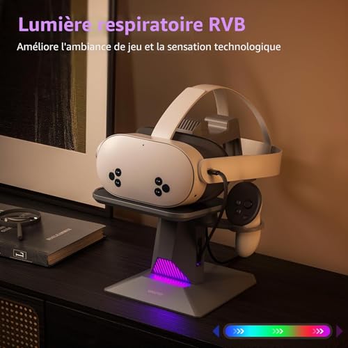 Station de charge CD1 pour Meta Quest 3S/3/2 avec Câble charge rétractable pour recharger le casque VR, Accessoire de station de charge RGB compatible avec la sangle Elite et les manettes – vue 5