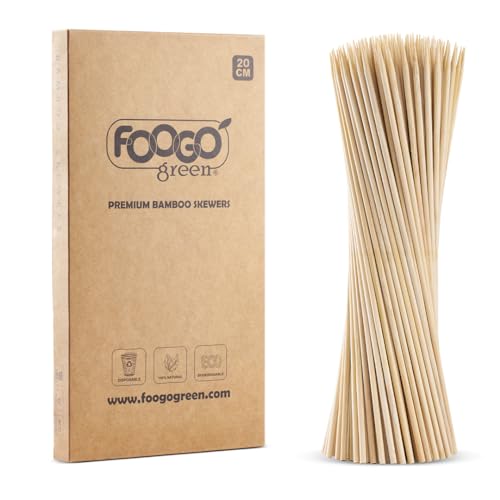 FOOGO Green 250pcs Medium 20cm, Bamboo Skewers, FSC® Certified, Sturdy Eco-Friendly Wooden, Barbecue, BBQ & Kebabs Skewers, Fruit Picks, Cocktail Sticks, for Camping, Parties and Wedding