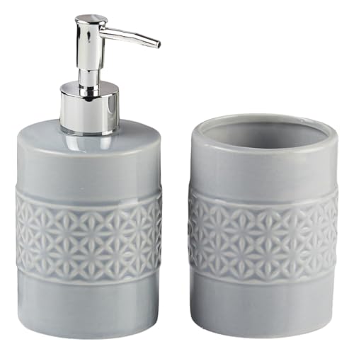 Image of Kookee Ceramic Bathroom Set - Stylish 2 Piece Bath Accessories Kit with Soap Dispenser, Toothbrush Holder - Modern & Designer Decor for Home & Guest Bathrooms, Grey (11110)