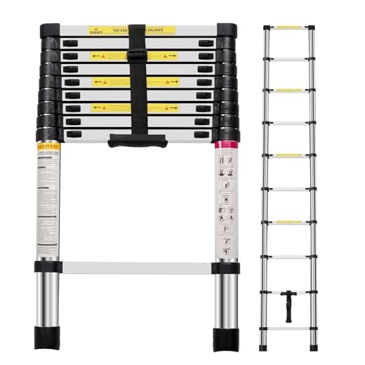 Panana Telescopic Ladder, 2.9m/ 9.5ft Stainless Steel Extension Ladders, Collapsible Portable Loft Ladder with Non-Slip Feet, Adjustable Height Step Ladder for Home and Outdoor Use