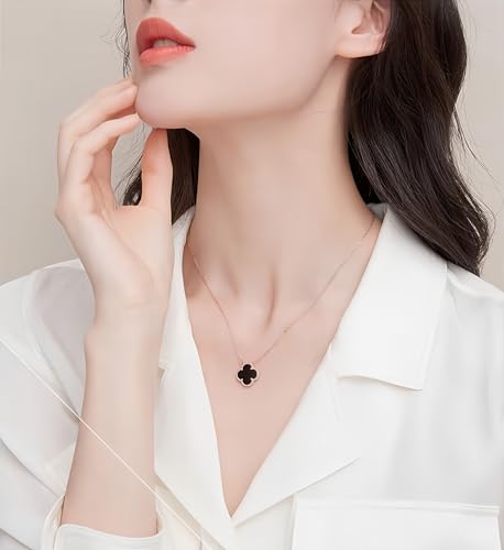 Image of Real 18K Gold Plated Necklaces for Women (Double Sided) Dainty Pendant Necklace Set (High Tarnish & Water Resistant) Trendy Four Leaf Cute Lucky Clover Jewelry Gifts for Women, Black White Gold