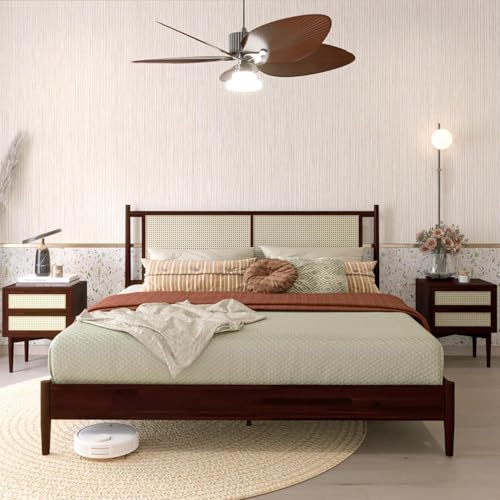 Image of Bme Oliver King Bed Frame and Headboard - 15-Inch Signature Design with Rattan Headboard, Bohemian and Mid Century Style, 12-Slat Wood Support, No Box Spring Needed - Easy Assembly, Walnut