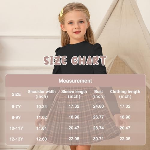 Image of Girls Blouses Long Sleeve T Shirts for Girls Tops Tees Puff Round Neck Rib Kids Tshirt White Beige Caramel