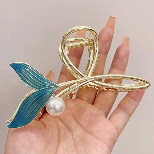 Pinzas de cabello Blue Fish Tail con perla, clip de mano de sirena grande dorado de metal, sujeción fuerte y antideslizante, accesorios grandes para mujer y niñas miniatura 2