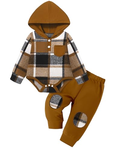 Fommy Baby Boy Clothes Flannel Plaid Outfits Long Sleeve Hoodie Romper Fall Winter 2 Pcs Clothes for Boy