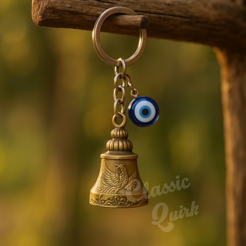 Image of Evil Eye Hooked Guardian Bell Keychain - Protective Lucky Charm Bell with Clip Hook for Bike, Car, Key & Bag | Spiritual Good Luck Talisman Gift