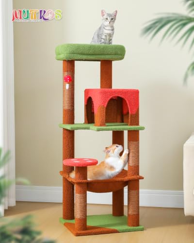 Image of MUTTROS 45.7 inch Mushroom Cat Tree with Metal Hammock, 6 Tiers, Brown | 6-tier shelves, Metal plush hammock, 2-door condo house, Sisal posts, Large top perch, For Small cats