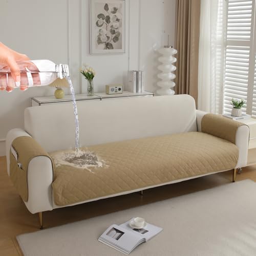 Image of HOKIPO Waterproof + Anti-Slip + Quick Dry Sofa Seat Mat for 1 Seater Sofa with 2 Armrest Covers with Pockets, Beige (AR-5272-80-BGE)
