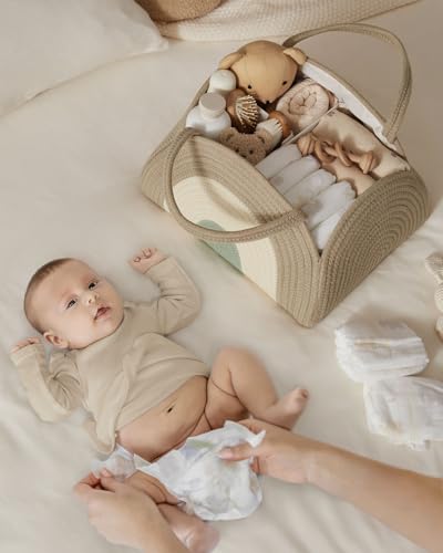 Image of Blissful Diary Baby Diaper Caddy Organizer, Cotton Rope Diaper Caddy Basket, Large Storage Basket for Newborn Boys and Girls, Gift for Baby Shower List, Newborn Essentials, Natural Rainbow