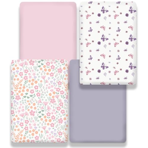 Image of Little Grape Land Mini Crib Sheets 4 Pack, Pack n Play Sheets Fitted 38 x 26 for Boys and Girls, Pack and Play Sheets Compatible with Graco Pack n Play Playard, Butterfly Flower